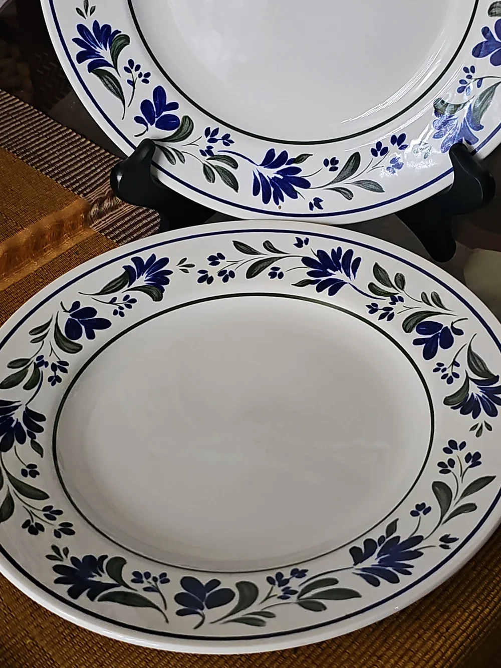 White Ceramic Dinner Plates with Blue Floral Border Made In ENGLAND